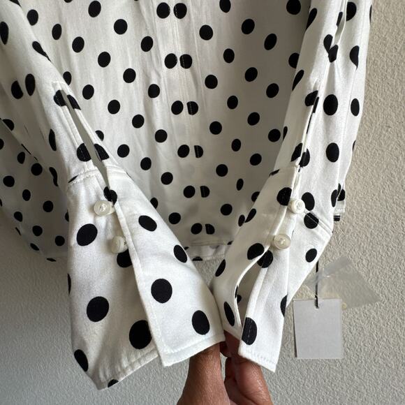 Something Navy Polka Dot Ivory Black Long Sleeve Button Cuff Top Blouse - Picture 6 of 9